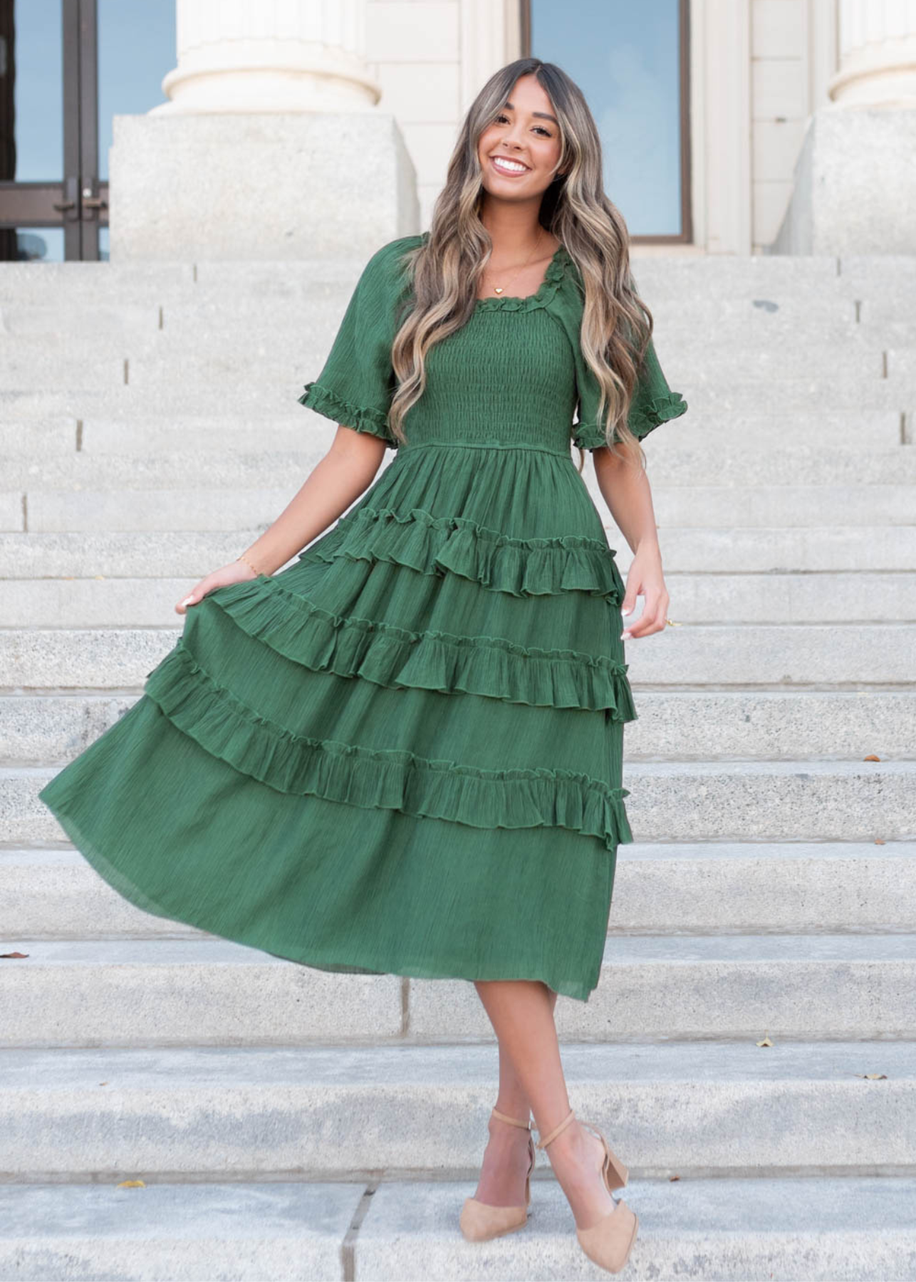 Small green ruffle tiered dress with square neckline