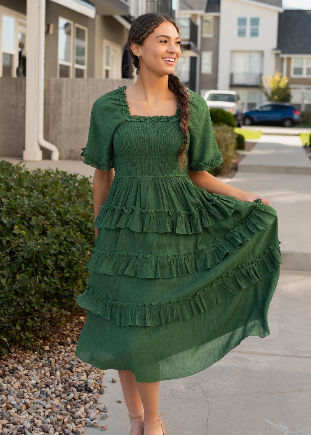 Green ruffle tiered dress