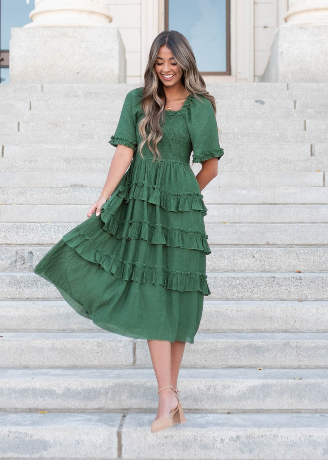 Green ruffle tiered dress with smocked bodice