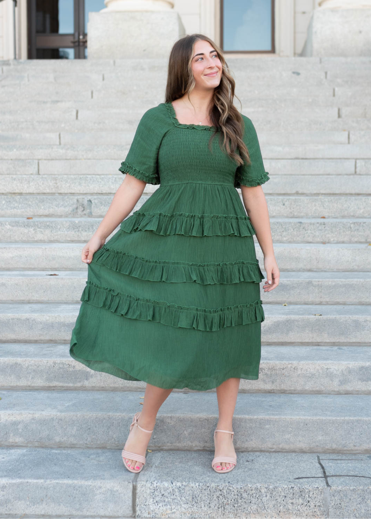 Short sleeve medium green ruffle tiered dress