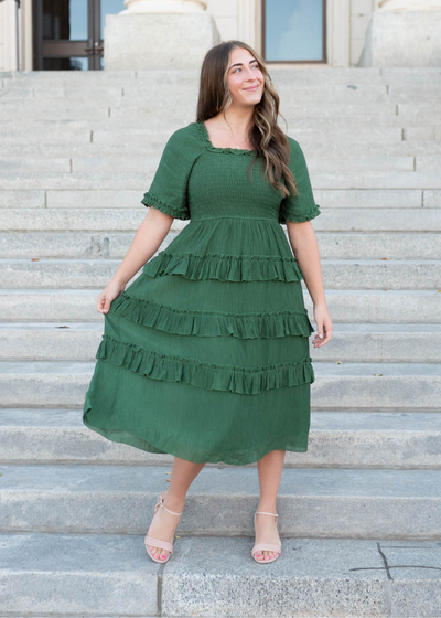 Short sleeve medium green ruffle tiered dress