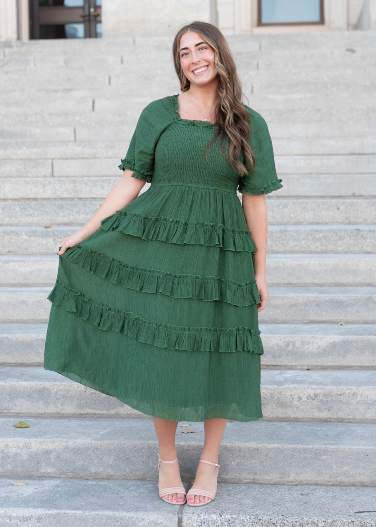 Medium green ruffle tiered dress