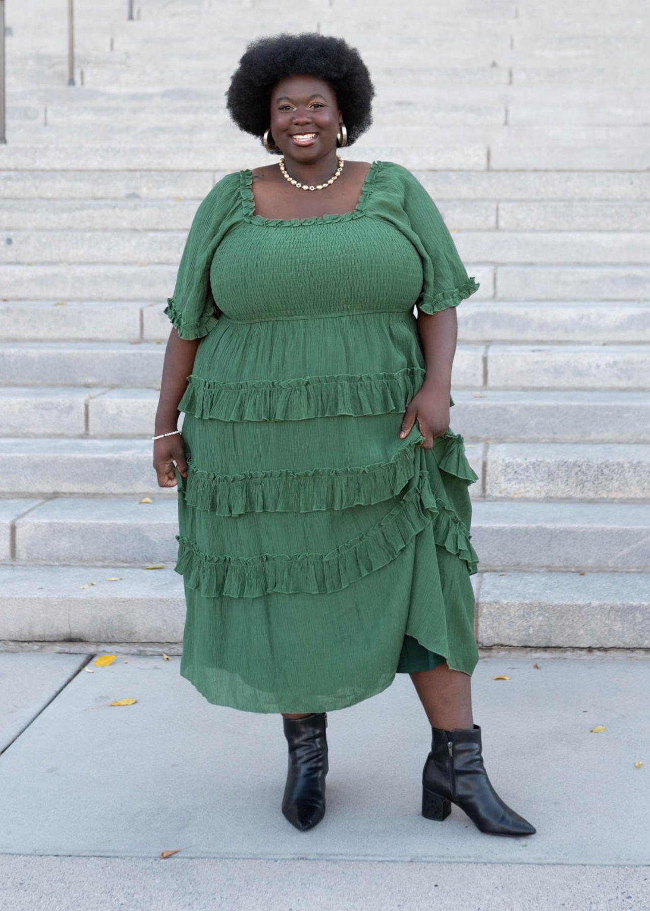 Plus size green ruffle tiered dress with smocked bodice