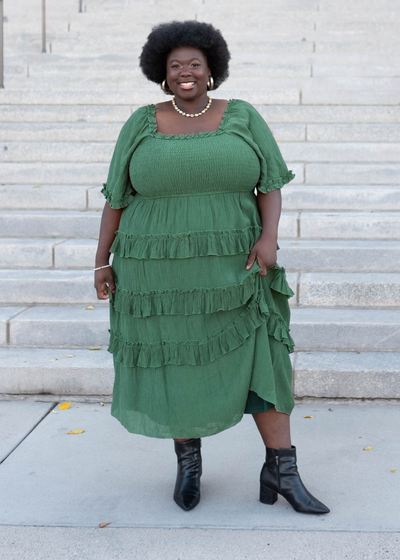 Plus size green ruffle tiered dress with smocked bodice