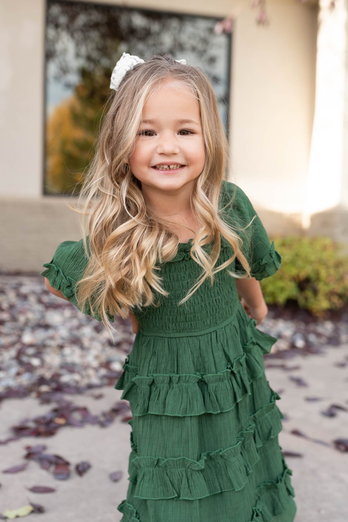 Smocked bodice green ruffle tiered little girl dress