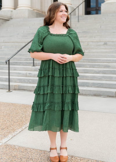 Green textured ruffle tiered dress in plus size