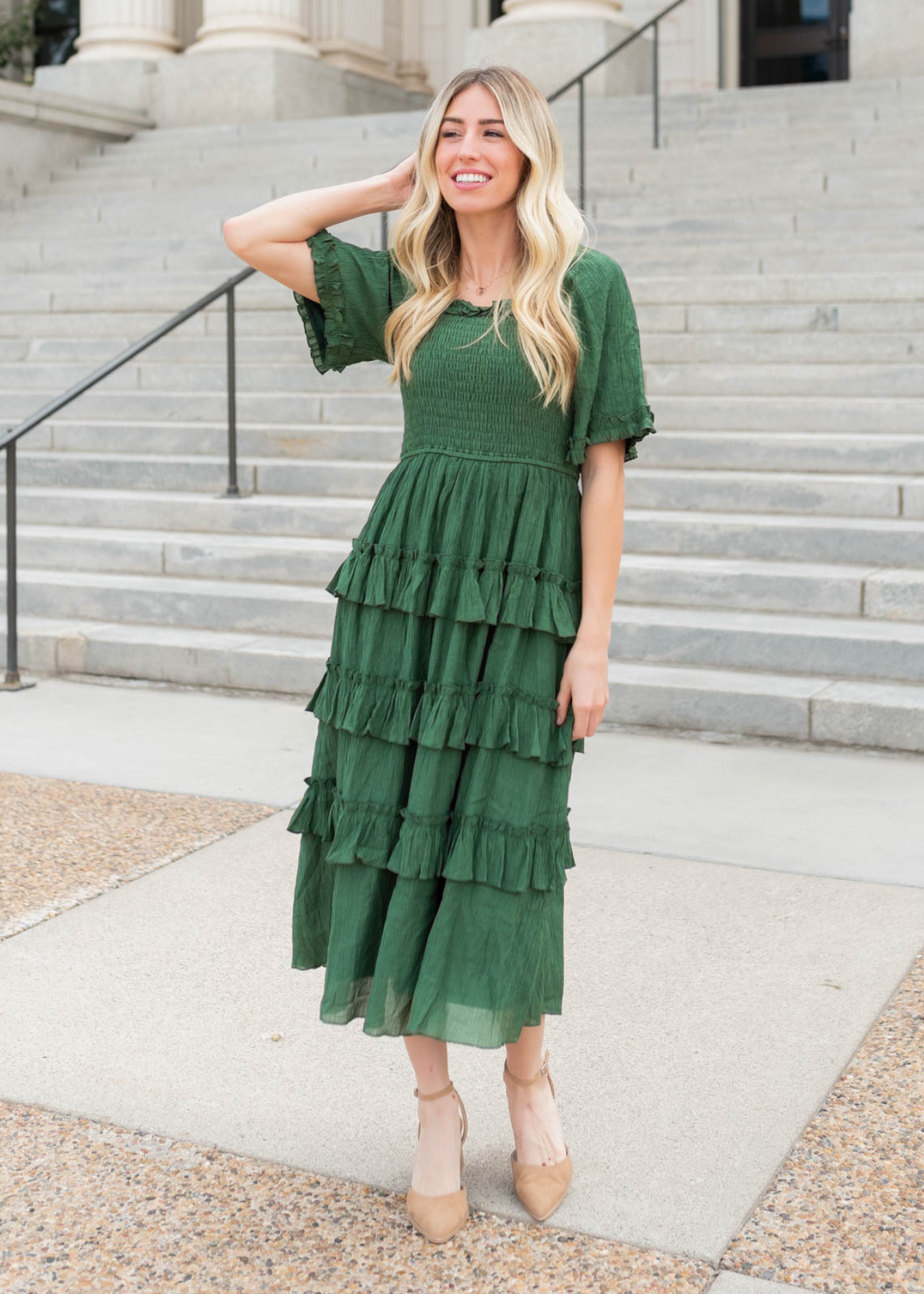 Small green textured ruffle tiered dress