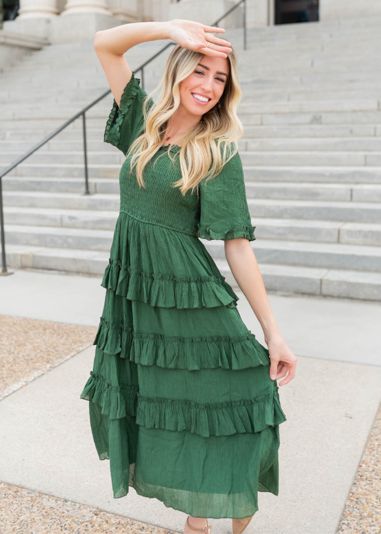 Green textured ruffle tiered dress