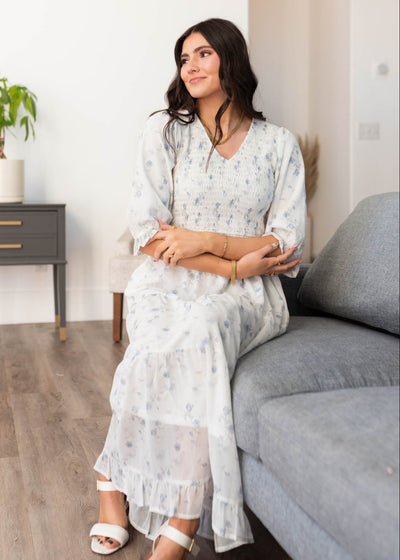 V-neck light blue floral tiered dress