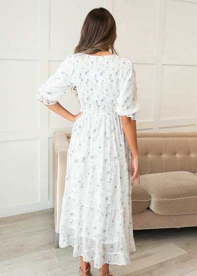 Back view of the light blue floral tiered dress