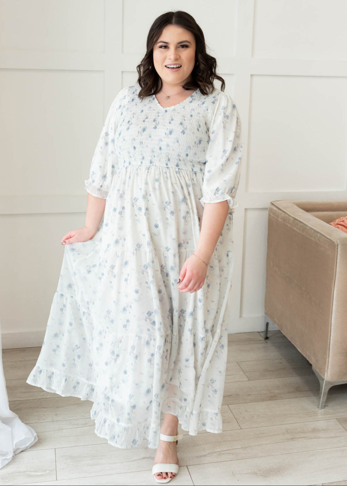 Light blue floral tiered dress in plus size