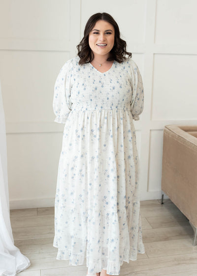 Plus size light blue flroal tiered dress