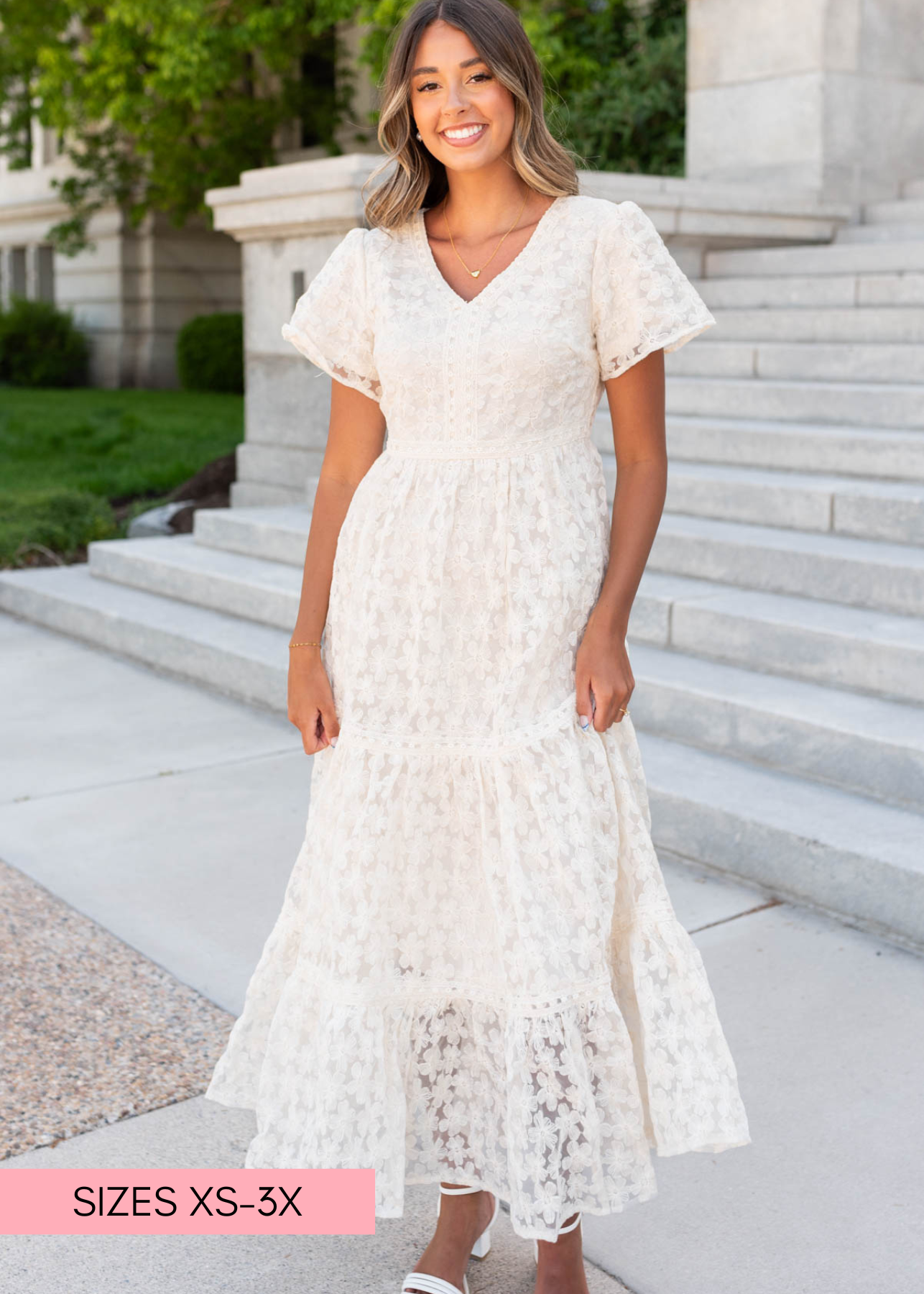 Cream floral lace dress with high waist