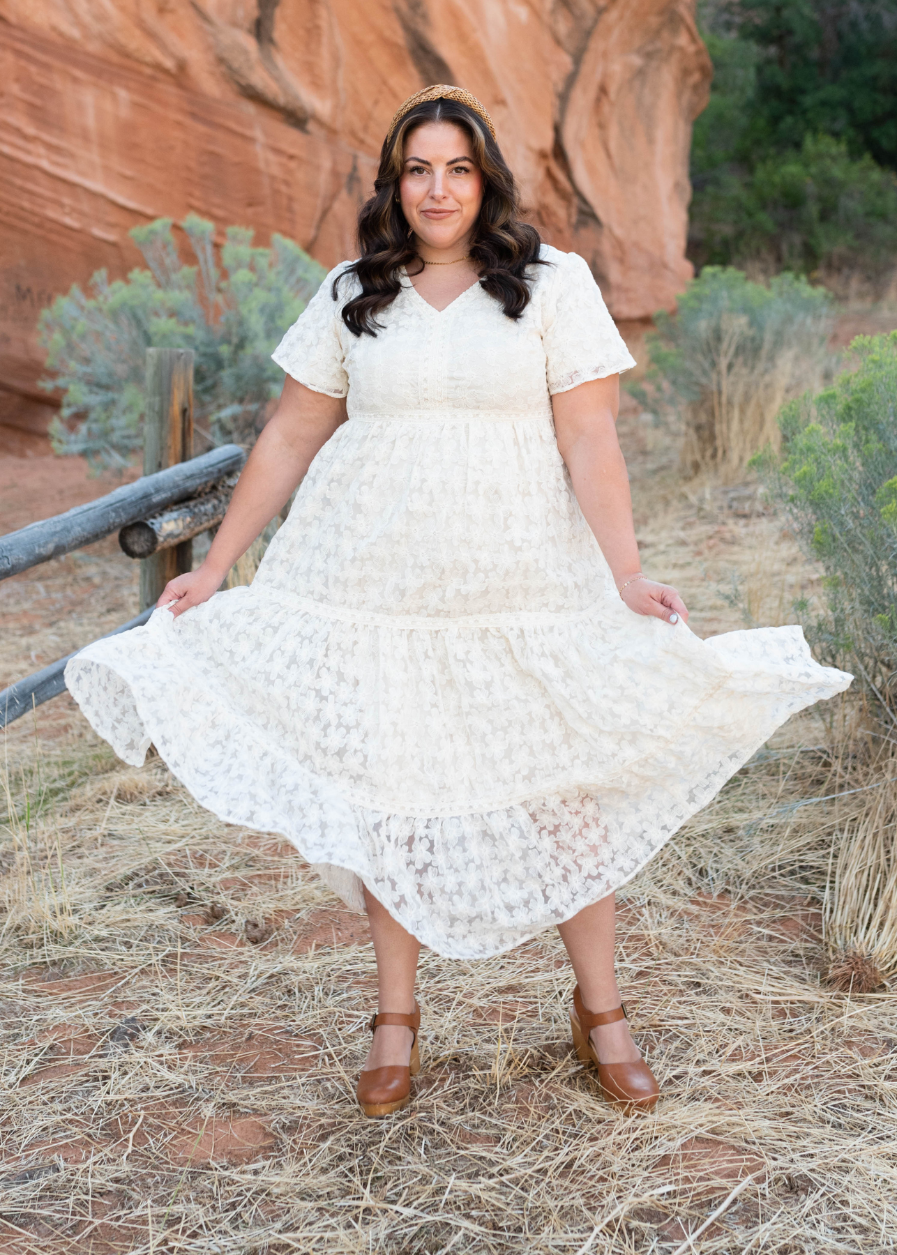 Short sleeve cream floral lace dress