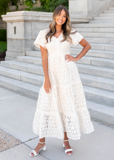 Cream floral lace dress with v-neck