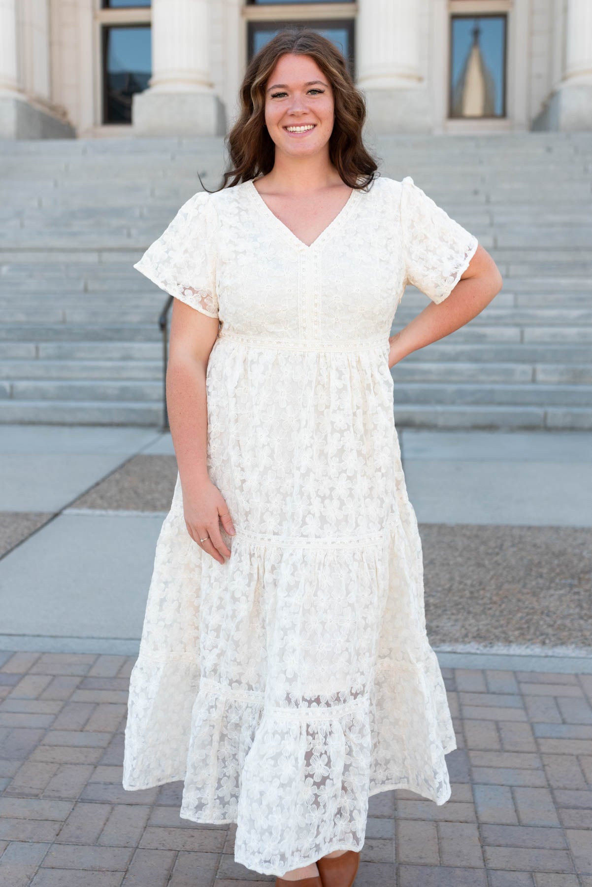 Cream floral lace dress in plus size