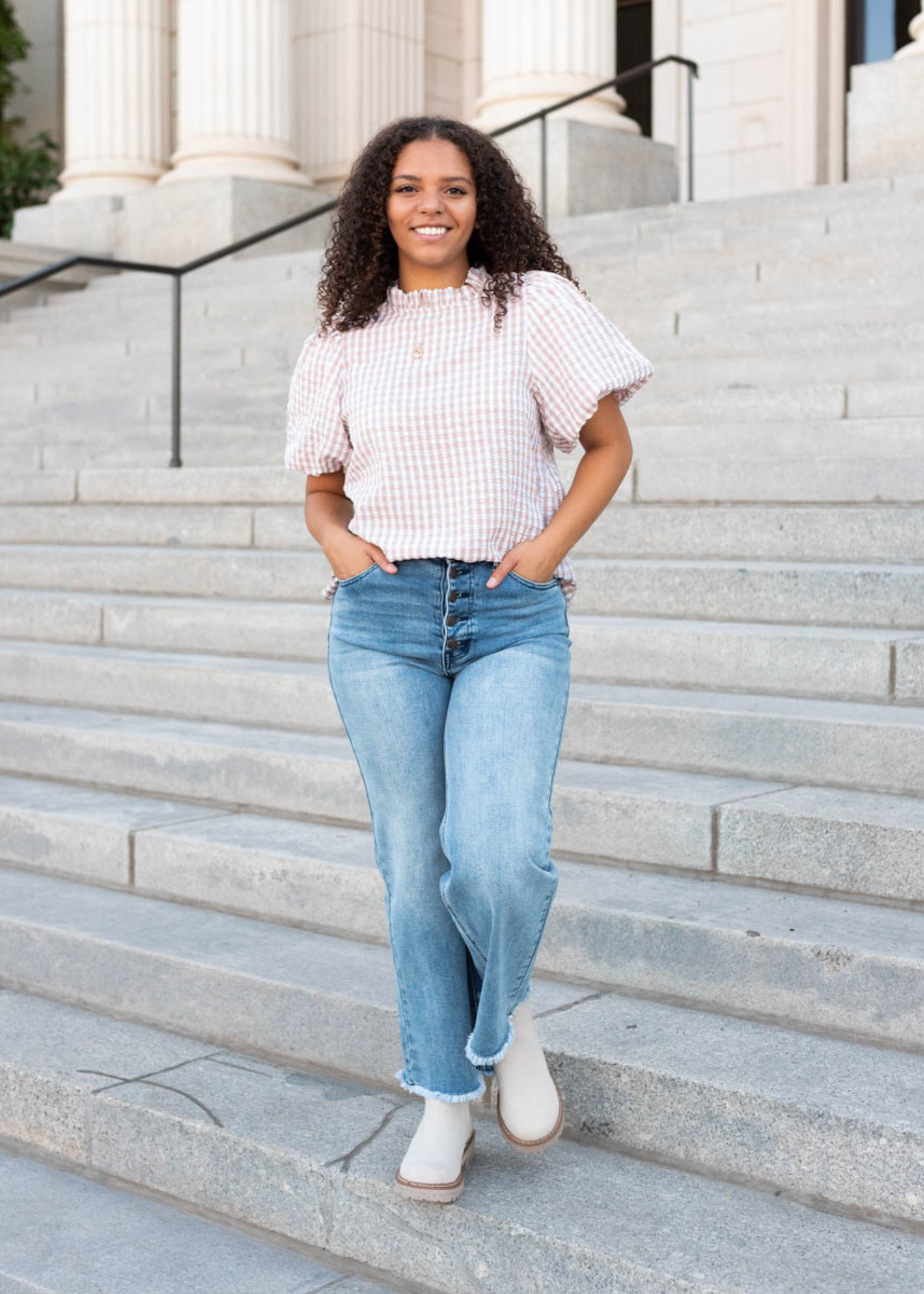 Latte gingham puff sleeve top