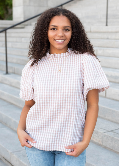 Latte gingham puff sleeve top withs short sleeves