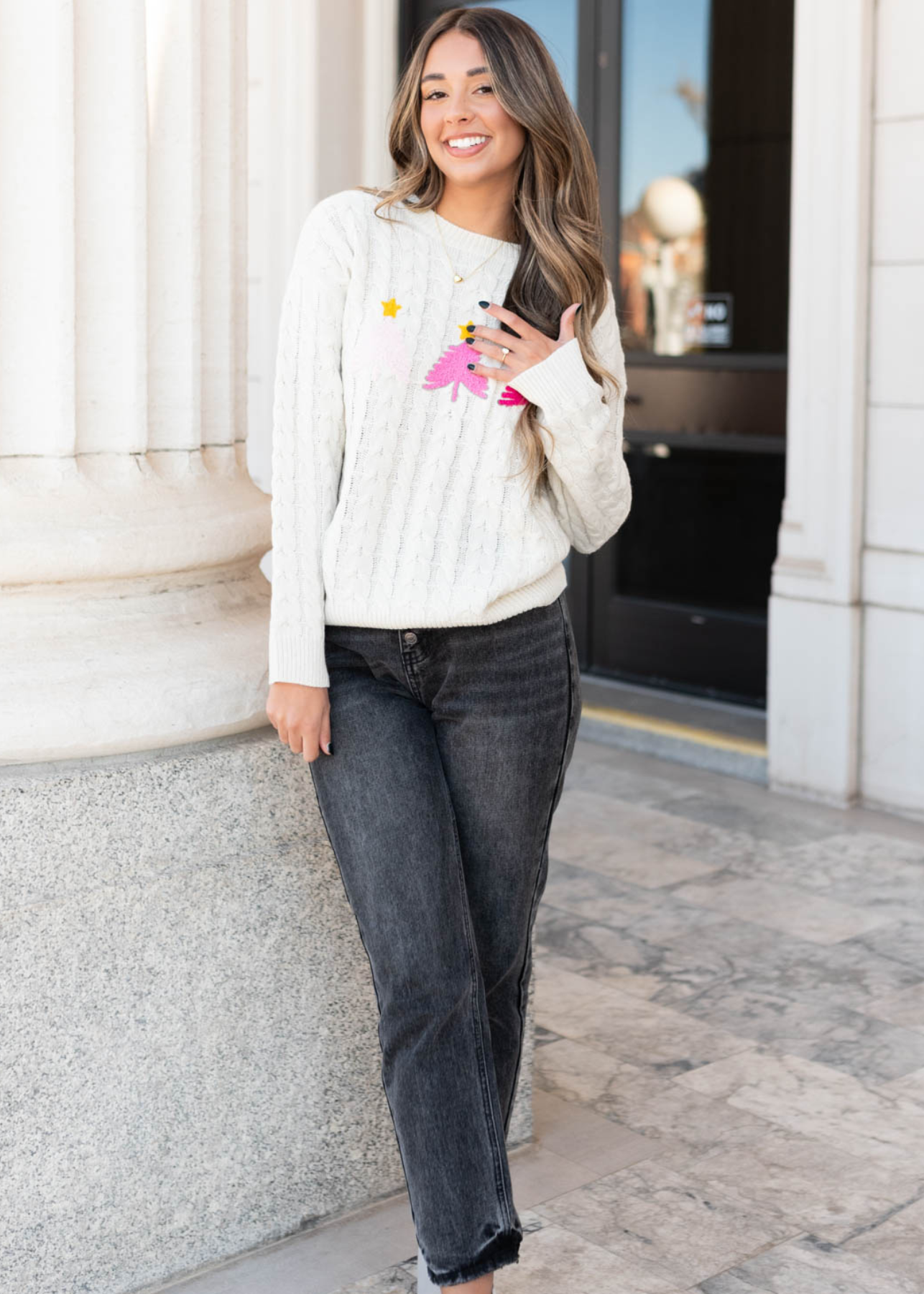 Cream embroidered tree sweater with long sleeves