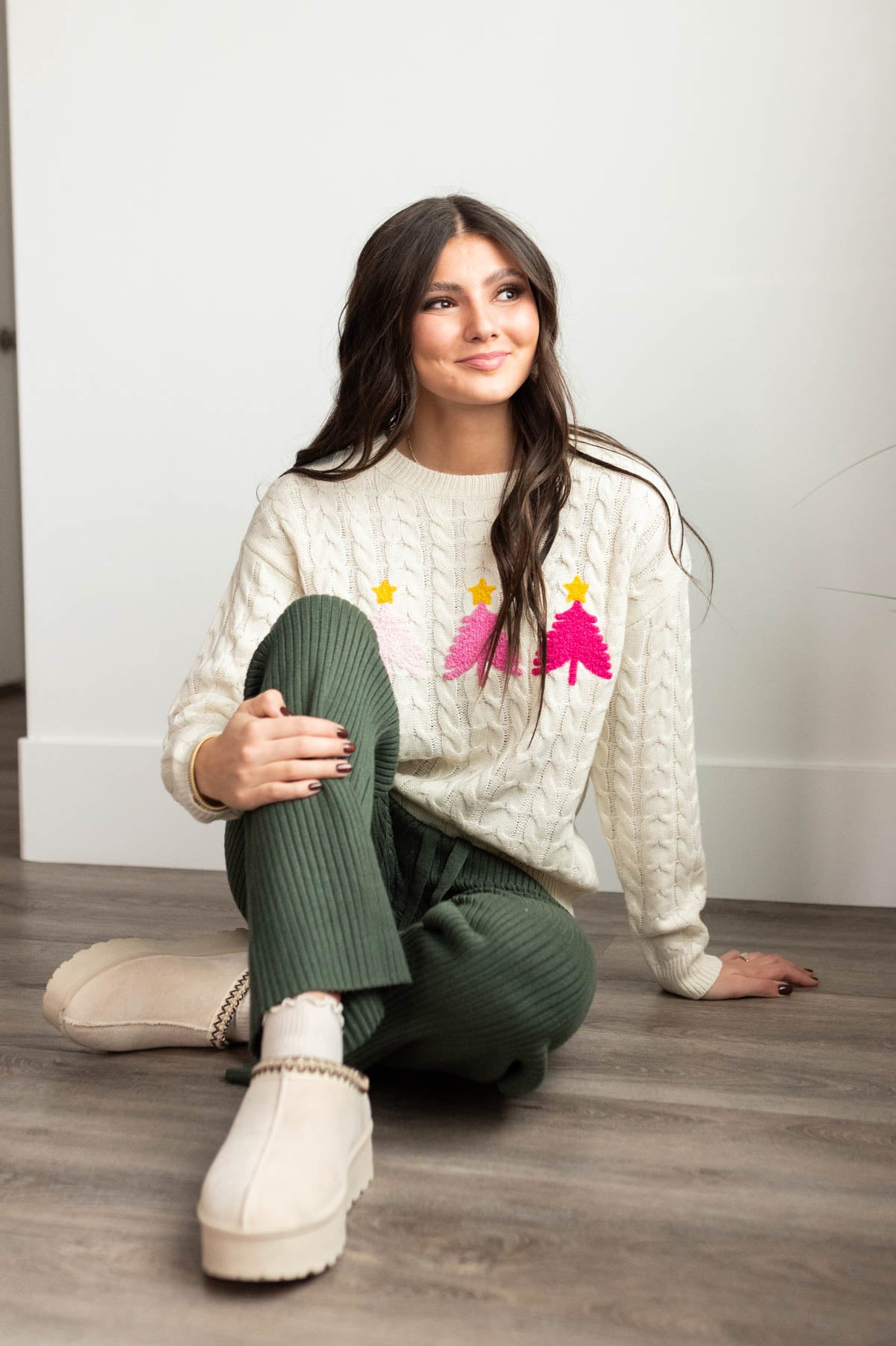 Cream embroidered tree sweater with pink trees