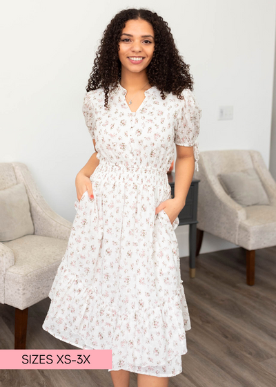 Ivory swiss dot floral dress with small pink flowers