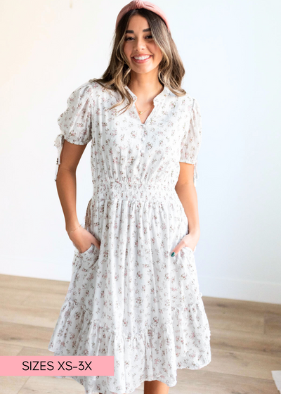 Ivory swiss dot floral dress with short sleeves