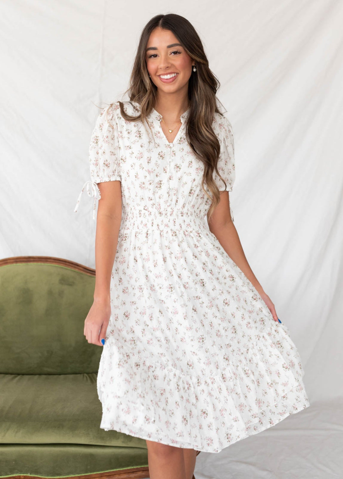 Ivory swiss dot floral dress with v-mark slit in the bodice