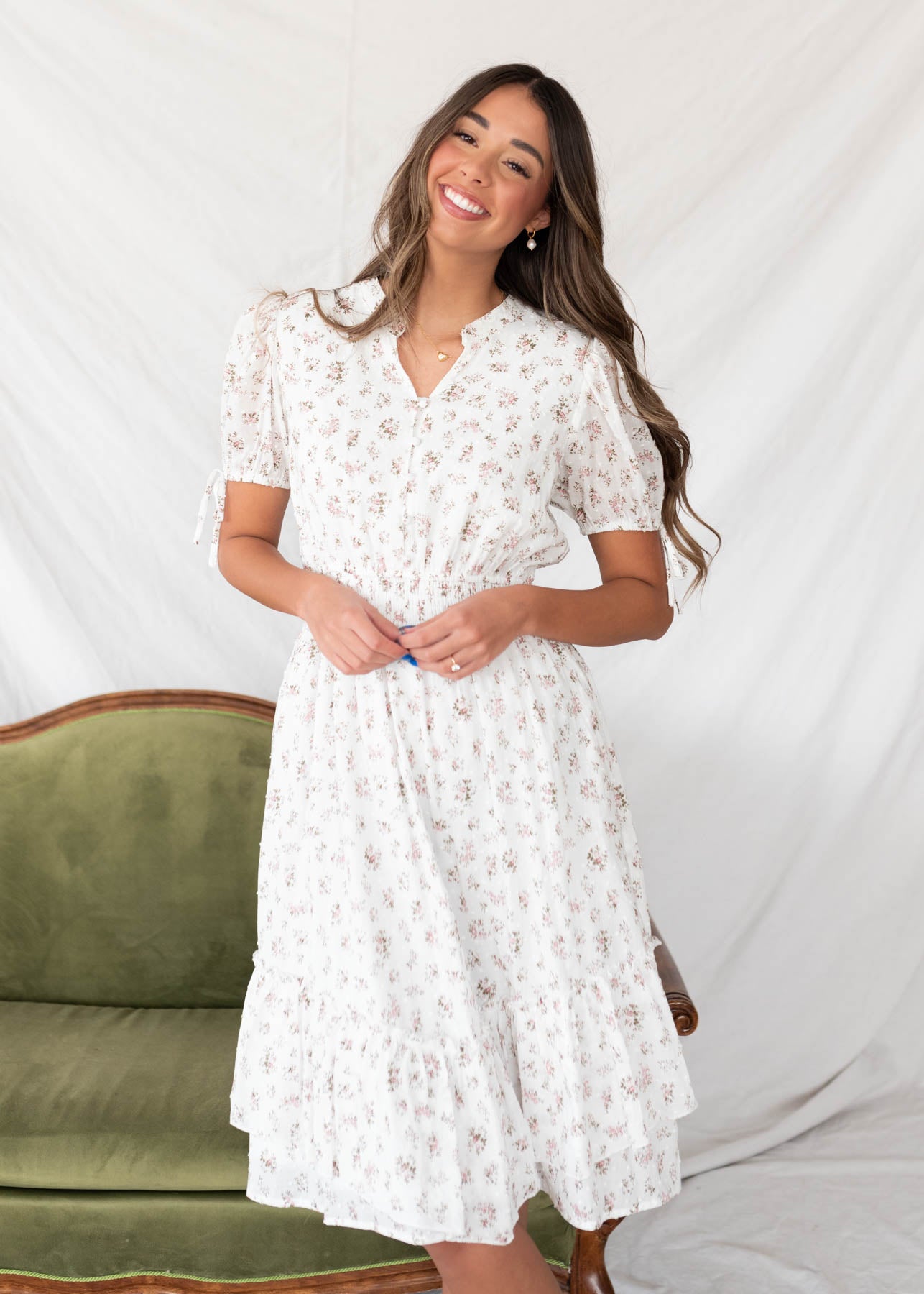 Ivory swiss dot floral dress with elastic waist