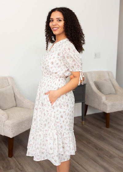 Side view of the swiss dot floral dress