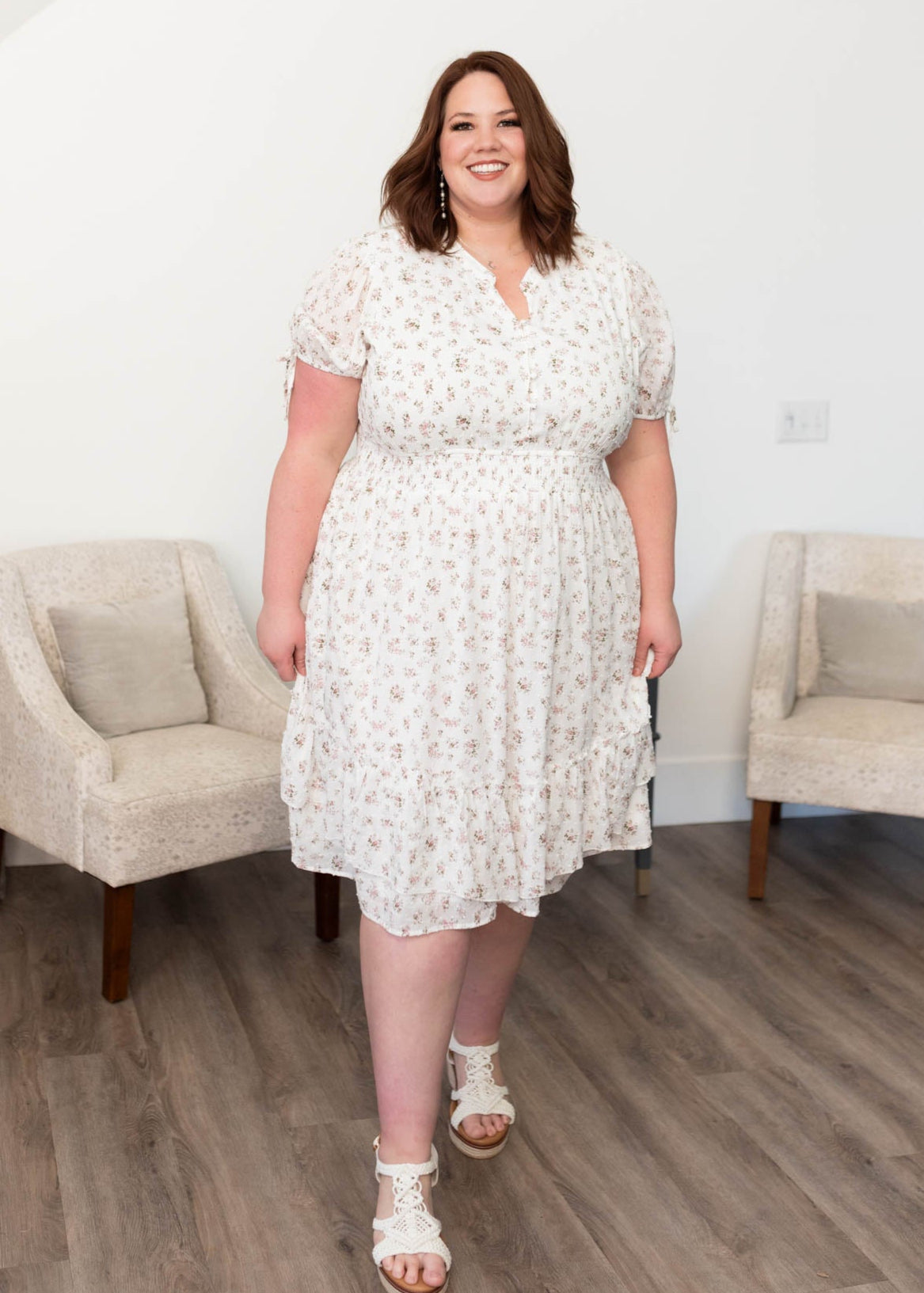 Plus size ivory swiss dot floral dress with short sleeves