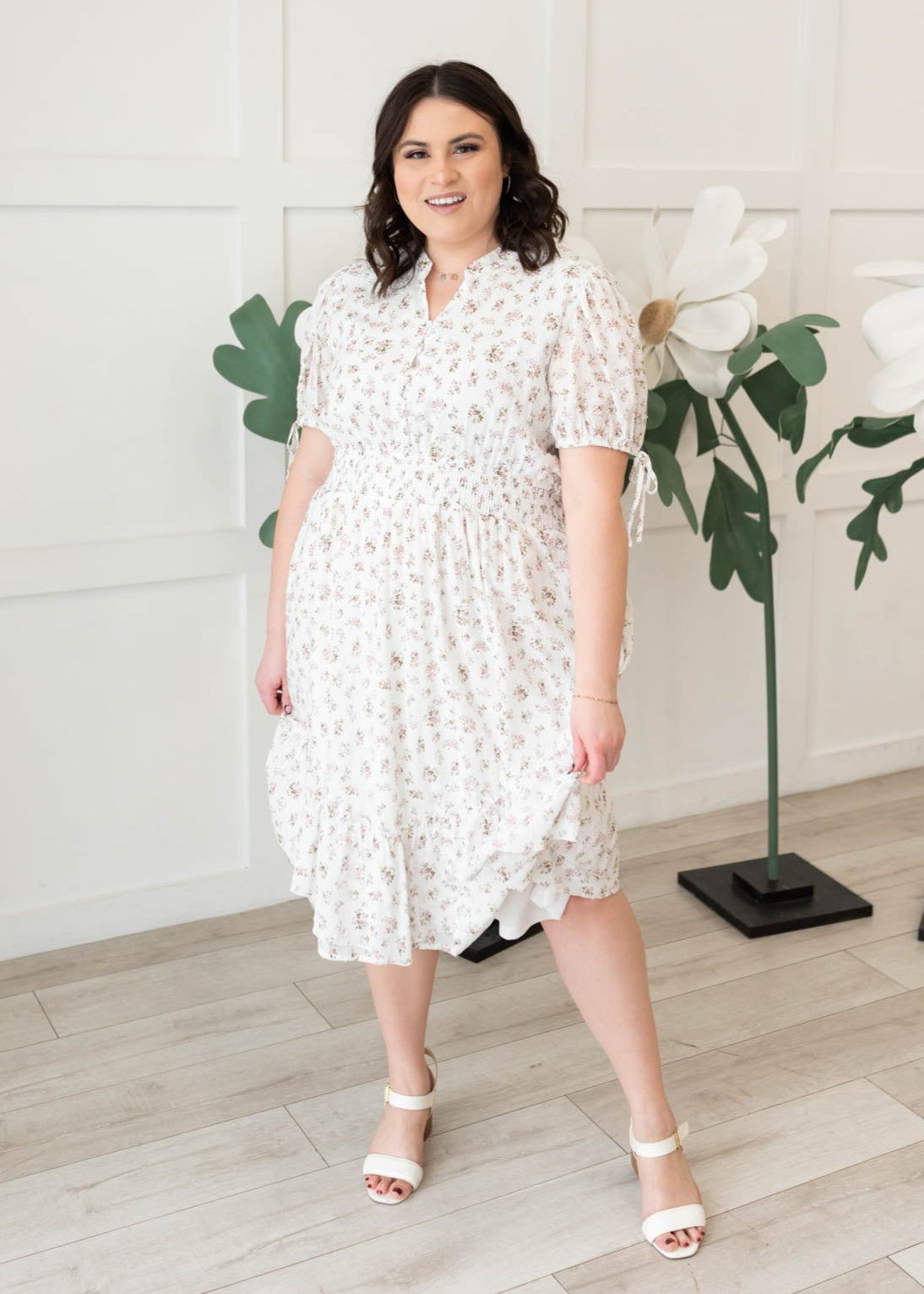 Plus size swiss dot floral dress with elastic waist