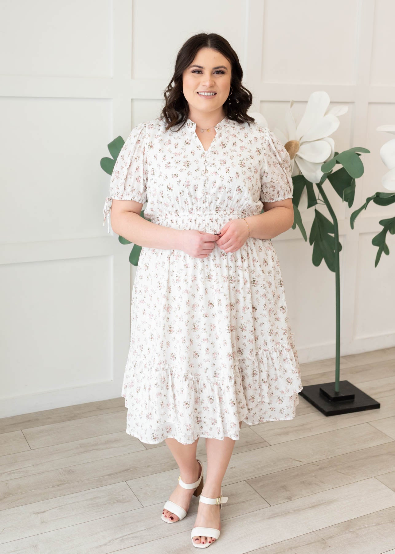 Ivory swiss dot floral dress with short sleeves in plus size