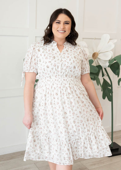 Short sleeve ivory swiss dot floral dress  in plus size