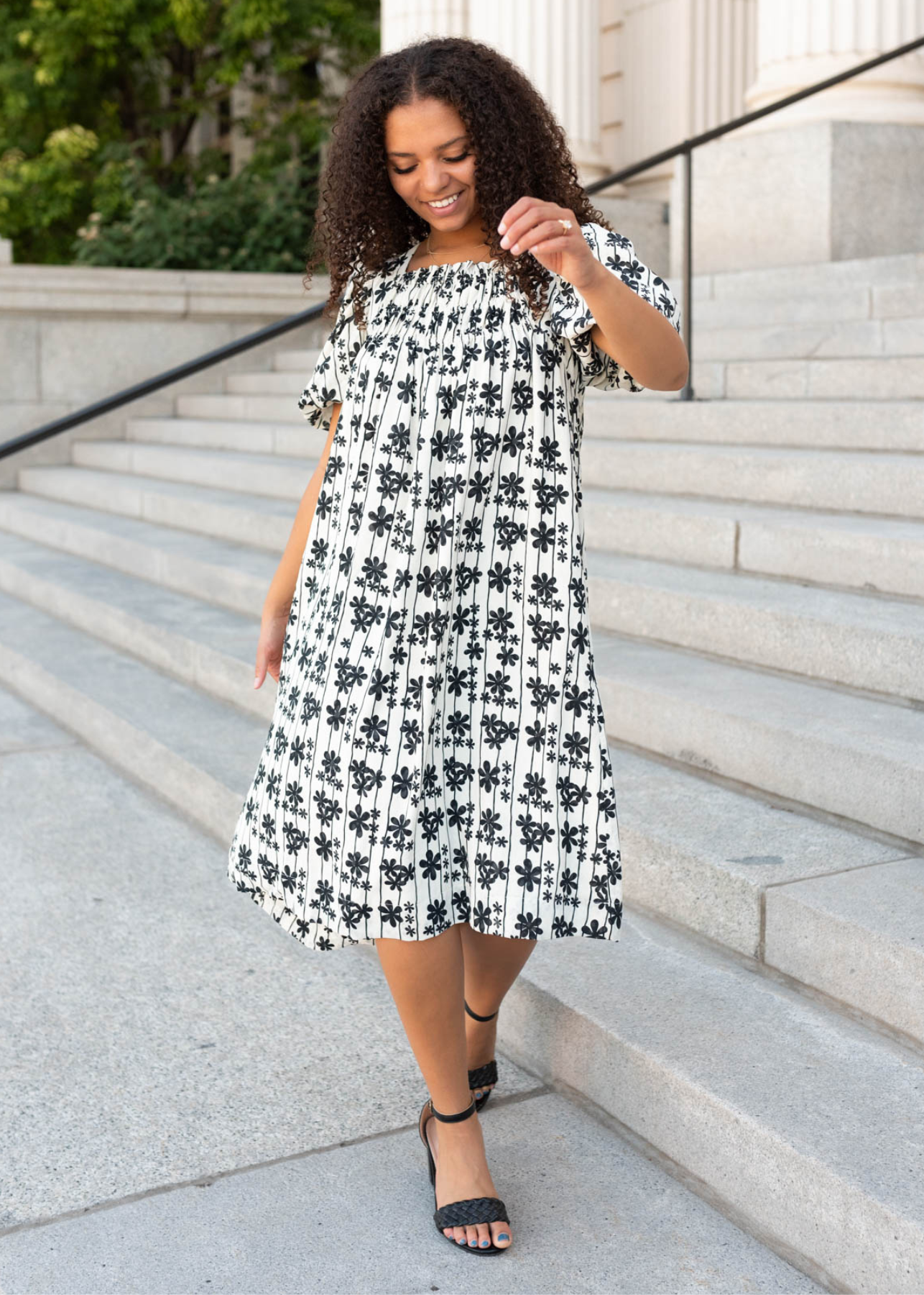 Short sleeve cream black floral dress