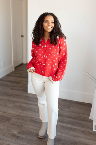 Button up red collared sweater top with long sleeves