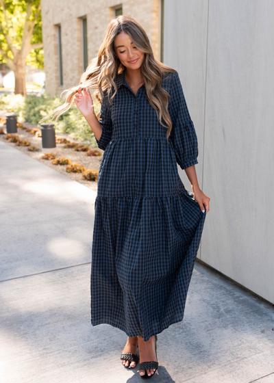 Navy black gingham dress with 3/4 sleeves