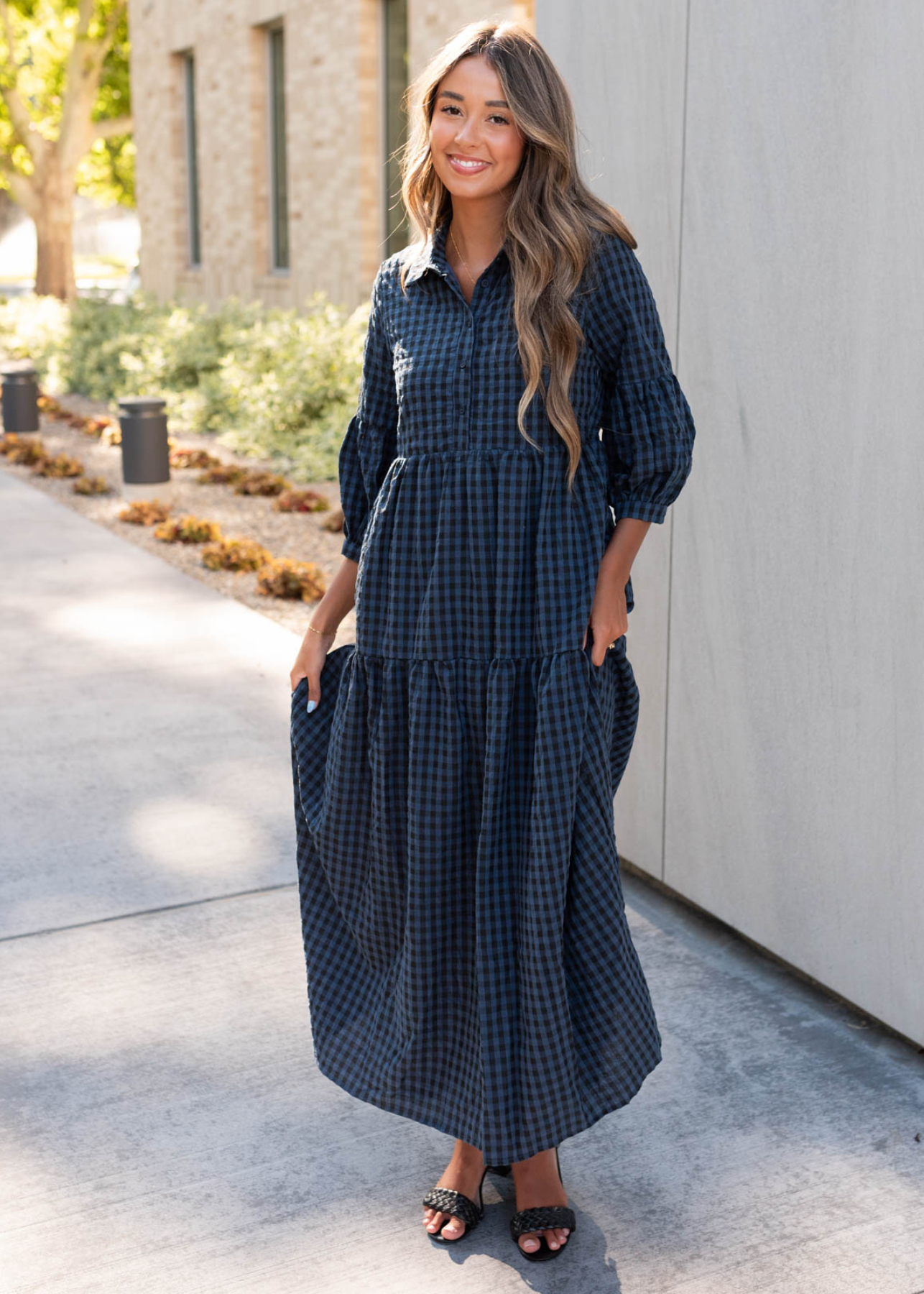 3/4 sleeve navy black gingham dress