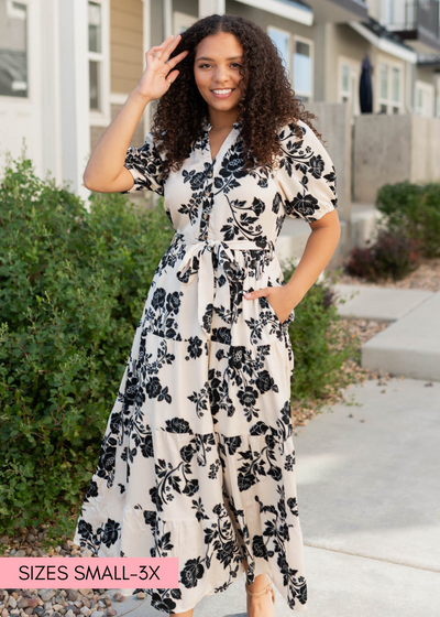 Cream floral button tiered dress with pockets