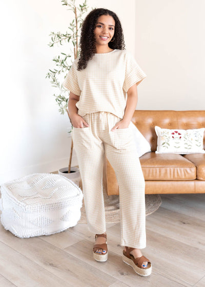 Beige gingham knit pants with front and back pockets