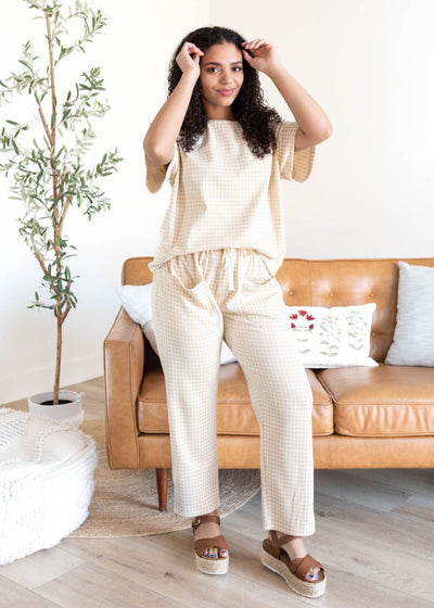 Leila Beige Gingham Knit Top