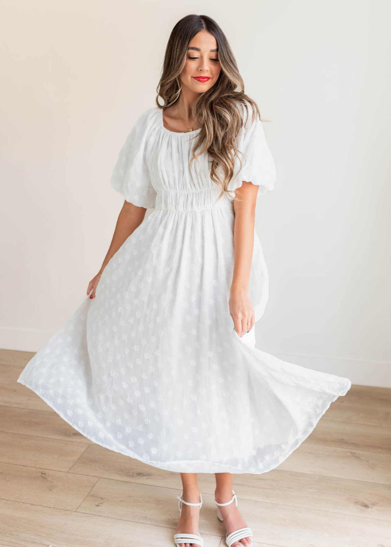 White floral square neck dress