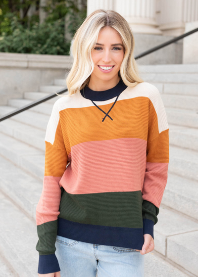 Navy multi stripe top with fall colors