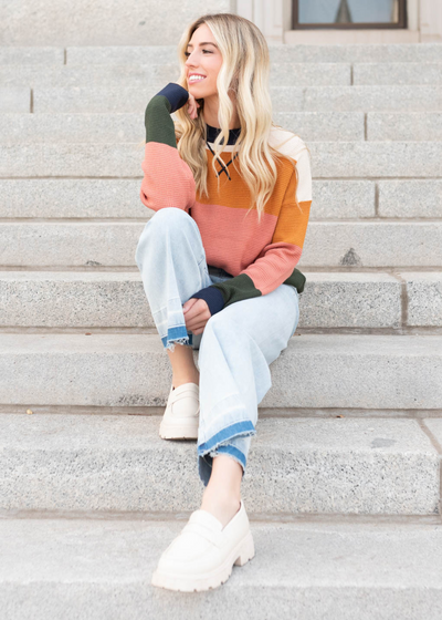 Navy multi stripe top with long sleeves