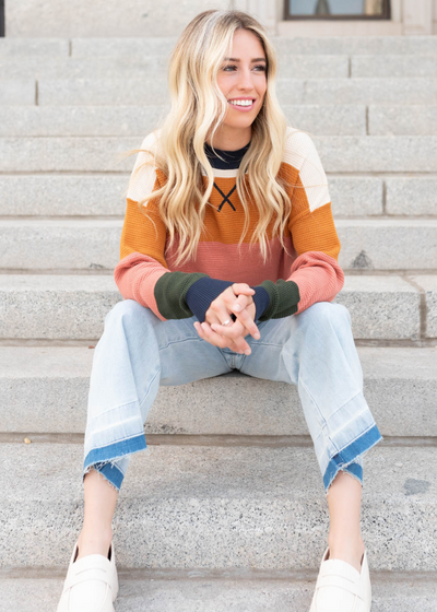 Long sleeve navy multi stripe top