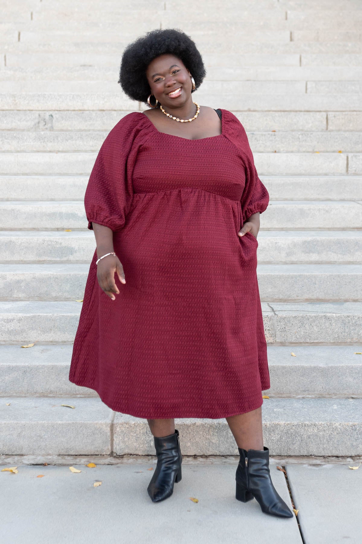 Plus size burgundy textured dress sweetheart neck