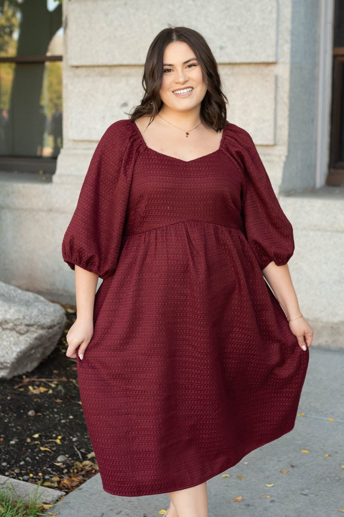 Plus size burgundy textured dress with sweatheart neckline