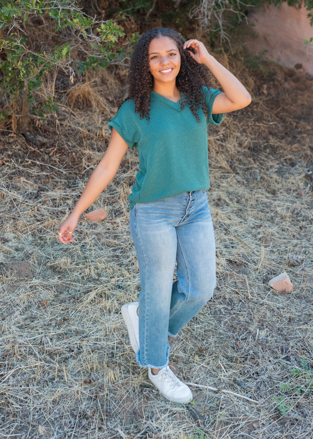 Short sleeve hunter green ribbed top