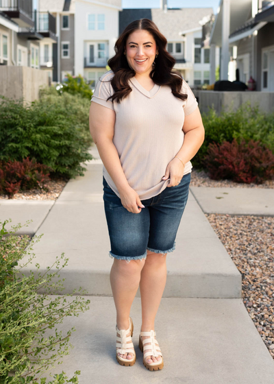 Short sleeve oatmeal ribbed top