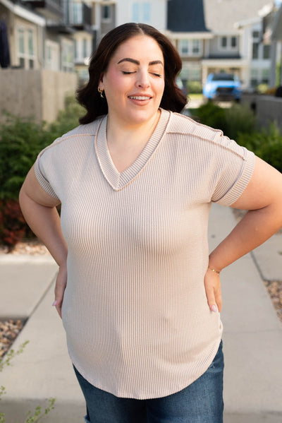 Front view of the oatmeal ribbed top