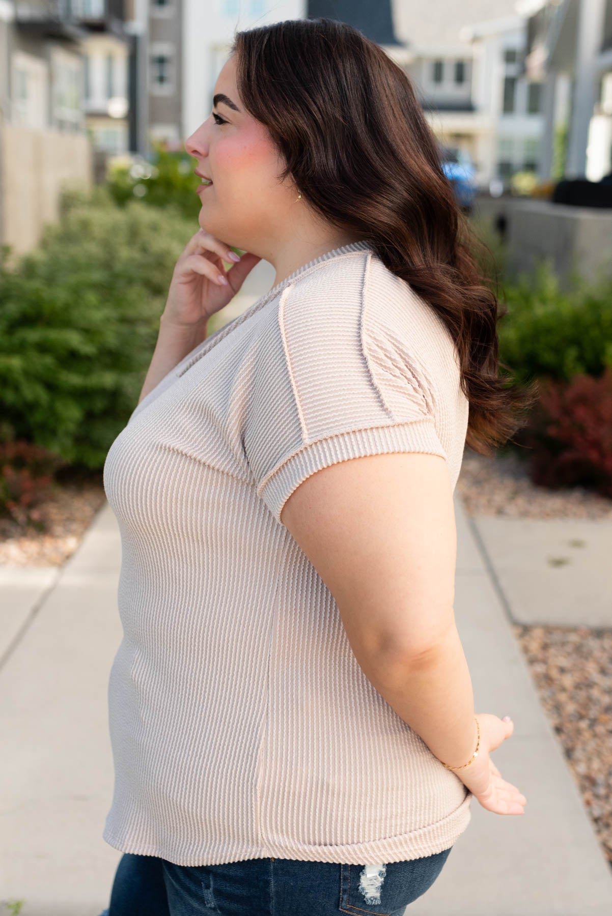 Side view of the oatmeal ribbed top